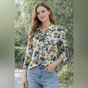 Sundance Floral Button Down Blouse | Cream Blue Yellow | Artsy Boho | Size LP
